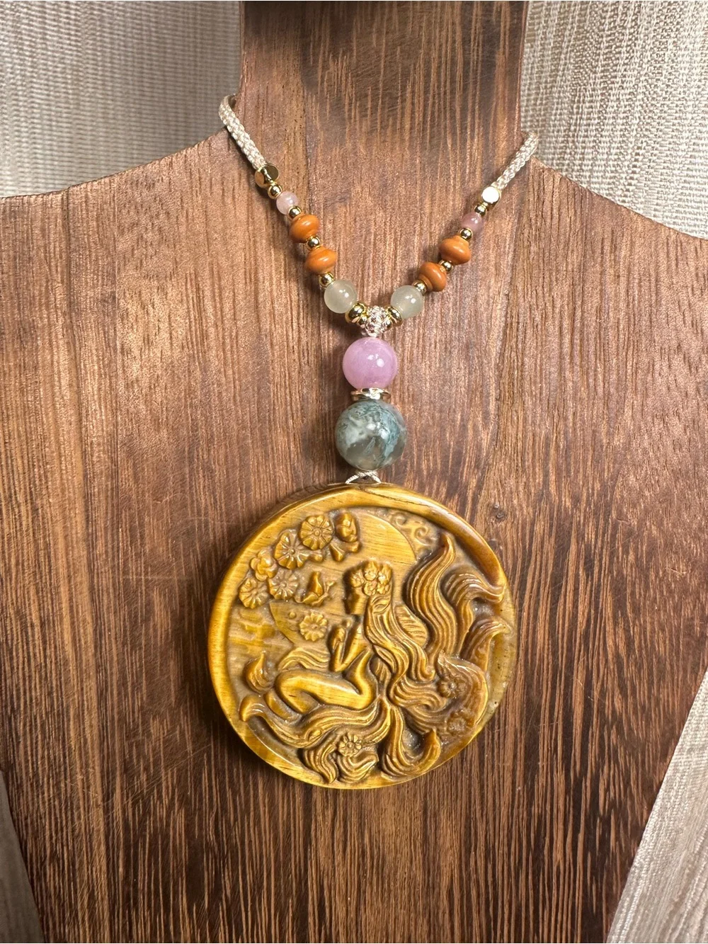 Tiger’s Eye Fairy Pendant with Kunzite and Moss Agate on Adjustable Beaded Rope